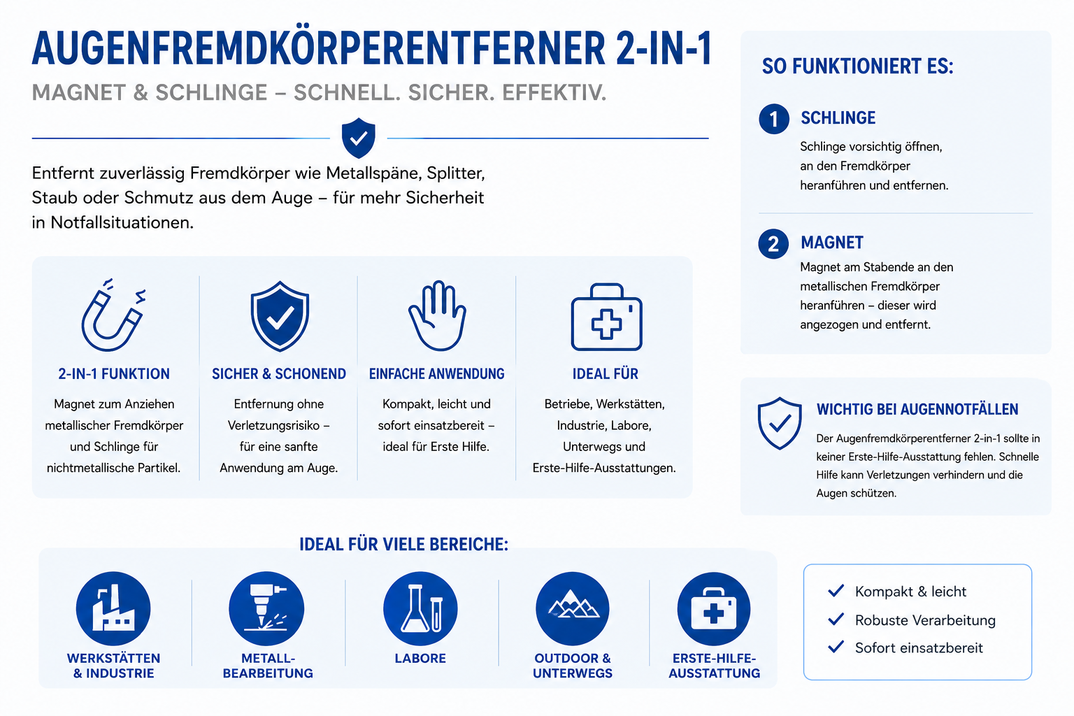 Augenfremdkörperentferner 2-in-1 – Magnet & Schlinge zur Entfernung von Fremdkörpern im Auge für Erste Hilfe