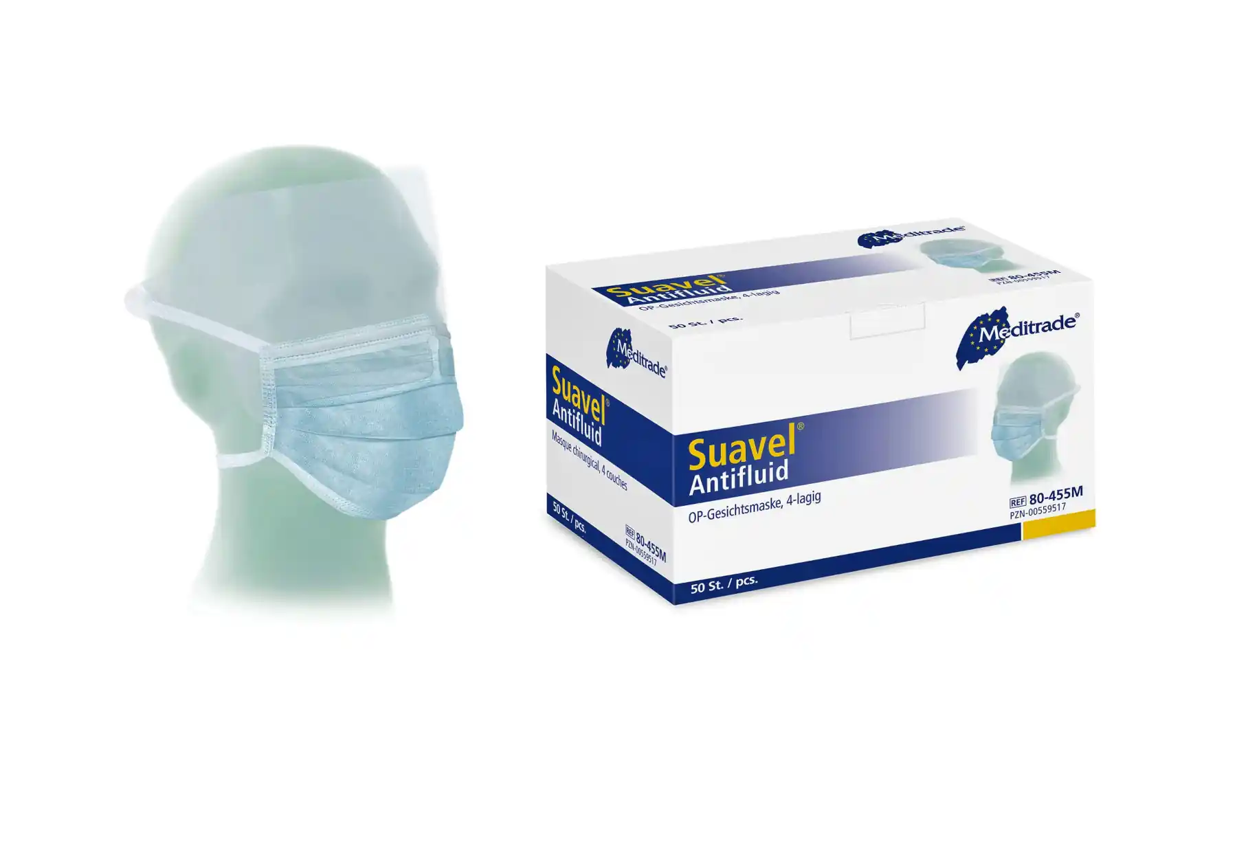 80-455M_Suavel-Antifluid_Box-und-Maske  OP Masken Suavel ANTIFLUID Atemschutzmaske